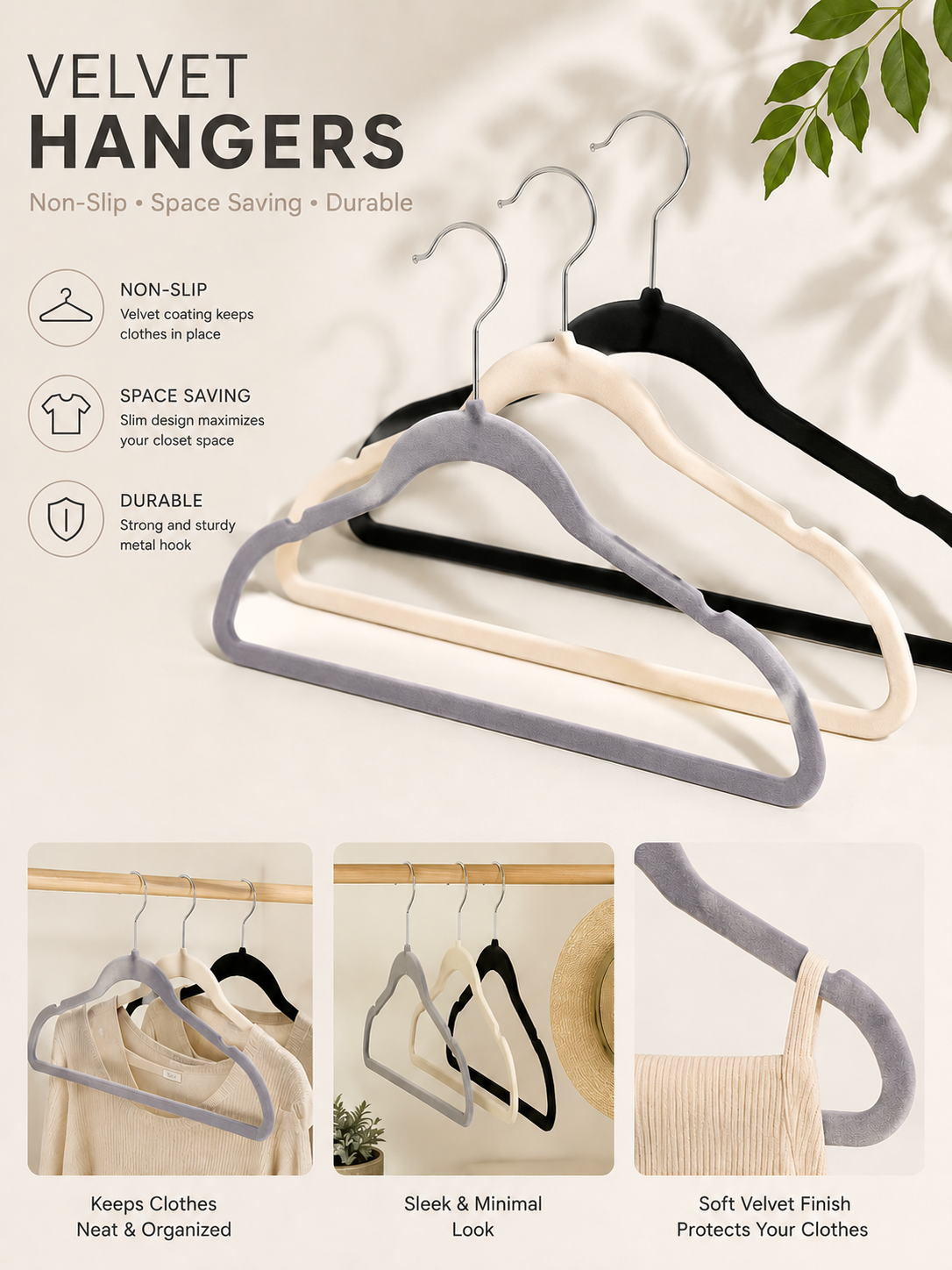 SET OF 5 VELVET CLOTHES HANGERS Antislip 45*23 cm