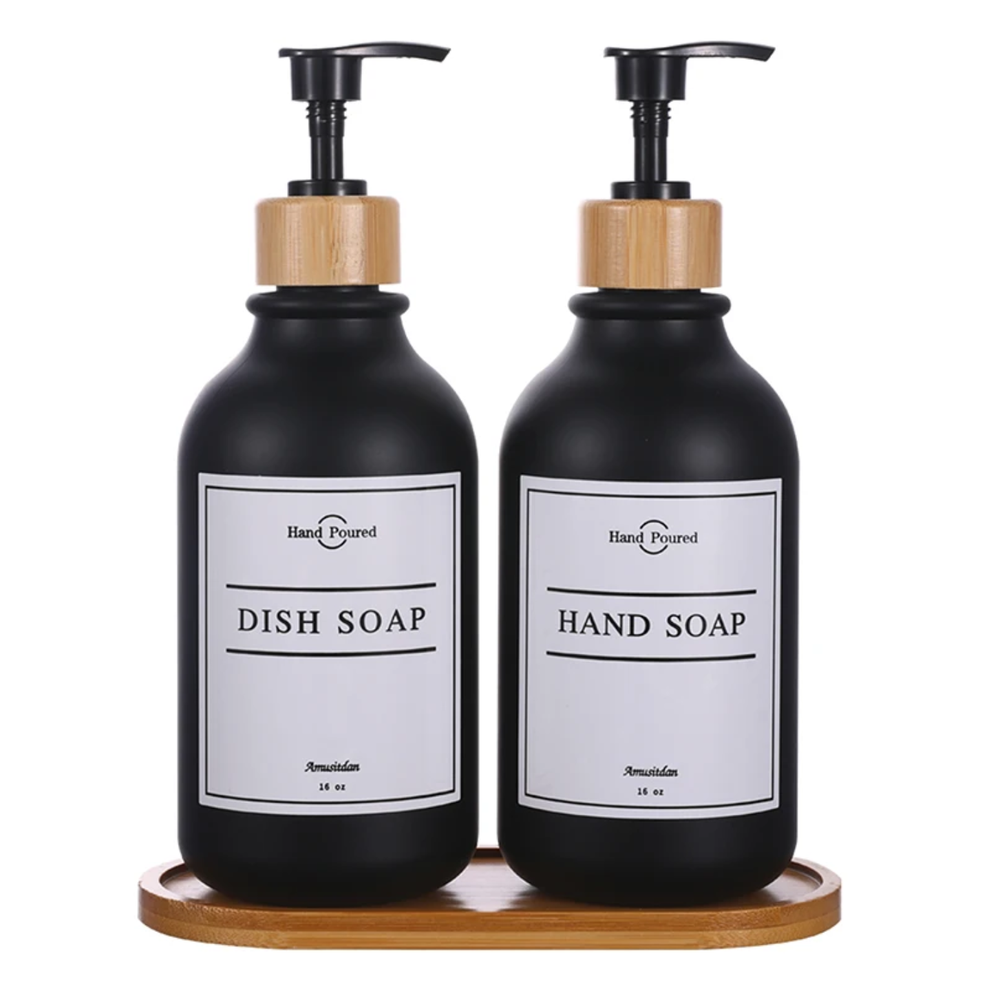 BLACK  PLASTIC SOAP BOTTLES SET WITH BAMBOO BASE SET OF 2 PCS