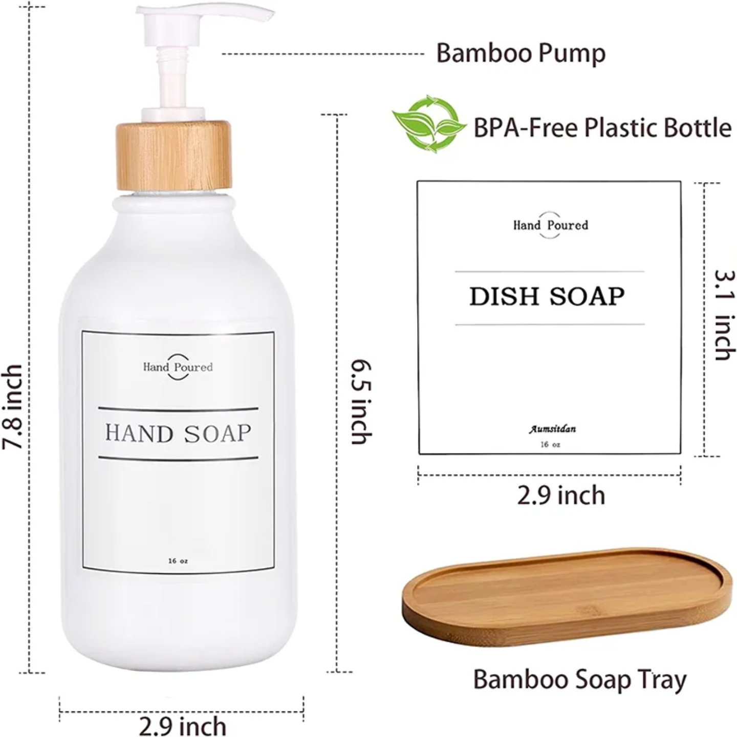 WHITE  PLASTIC SOAP BOTTLES SET WITH BAMBOO BASE SET OF 2 PCS