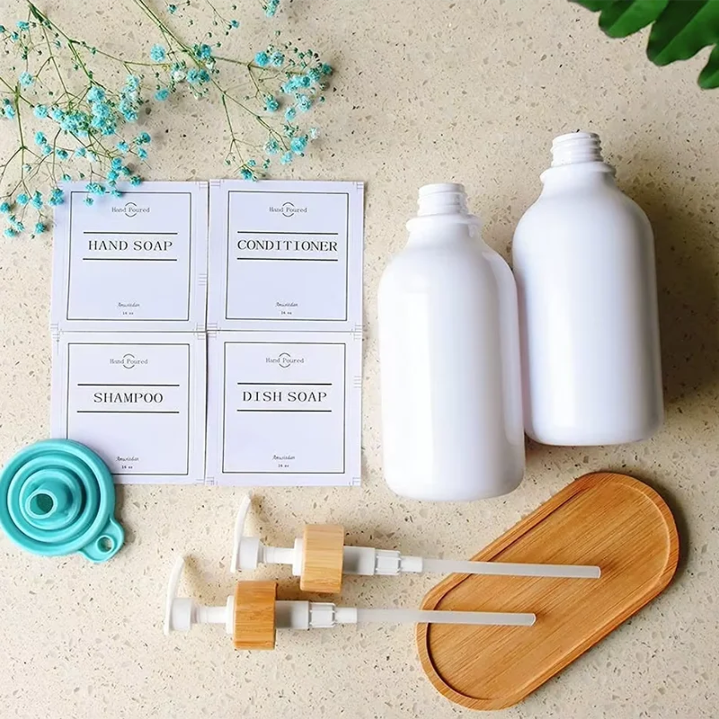 WHITE  PLASTIC SOAP BOTTLES SET WITH BAMBOO BASE SET OF 2 PCS