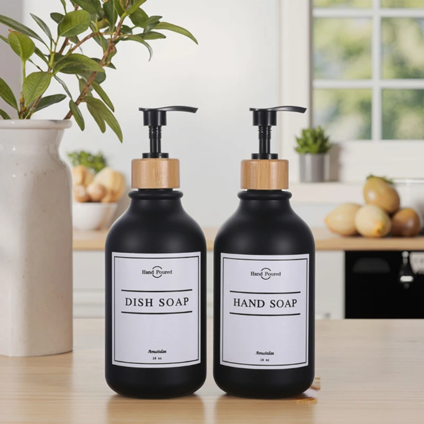 BLACK  PLASTIC SOAP BOTTLES SET WITH BAMBOO BASE SET OF 2 PCS