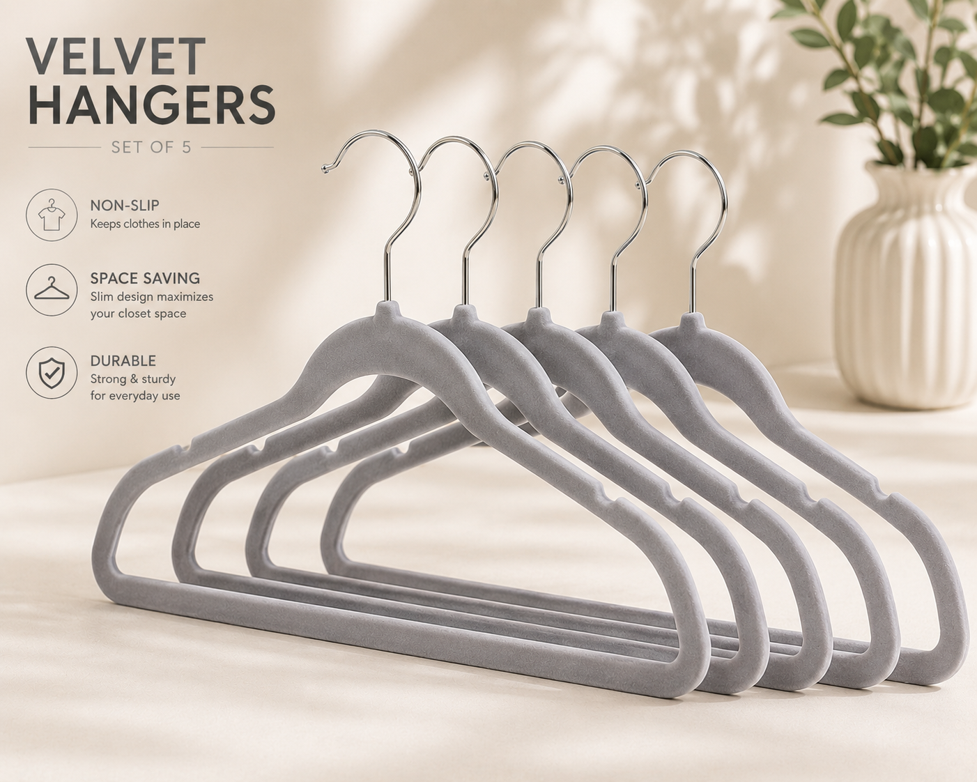 SET OF 5 VELVET CLOTHES HANGERS Antislip 45*23 cm
